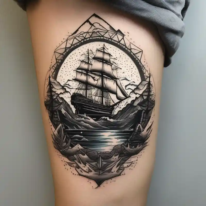 tattoo that has an acacia tree with mountains, ocean with a ship wreck with sharks and the northern star hello kitty tattoo – Dotwork, Black and white